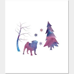 Pug Winter Forest Snowflakes Posters and Art